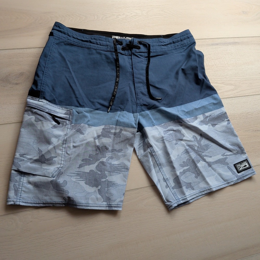 Pelagic Boardshorts Mens 34 Blue Water Fish Camo Stacked Slate Beach Swim Trunks